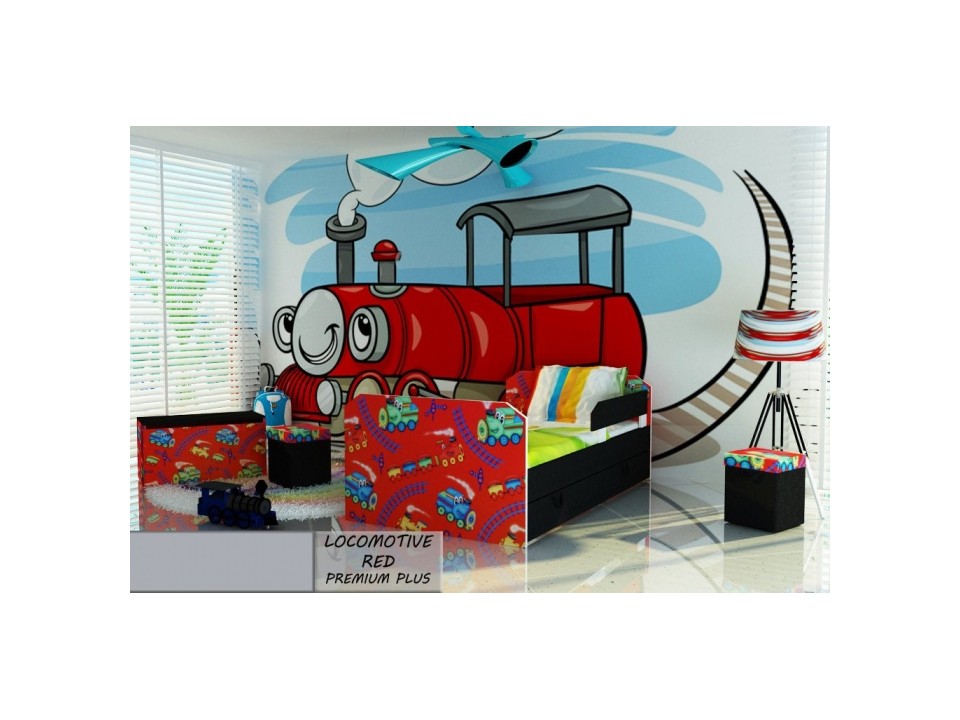 Łóżko dziecięce tapicerowane LOCOMOTIVE RED PREMIUM PLUS + Szuflada i Materac 140x80cm - versito