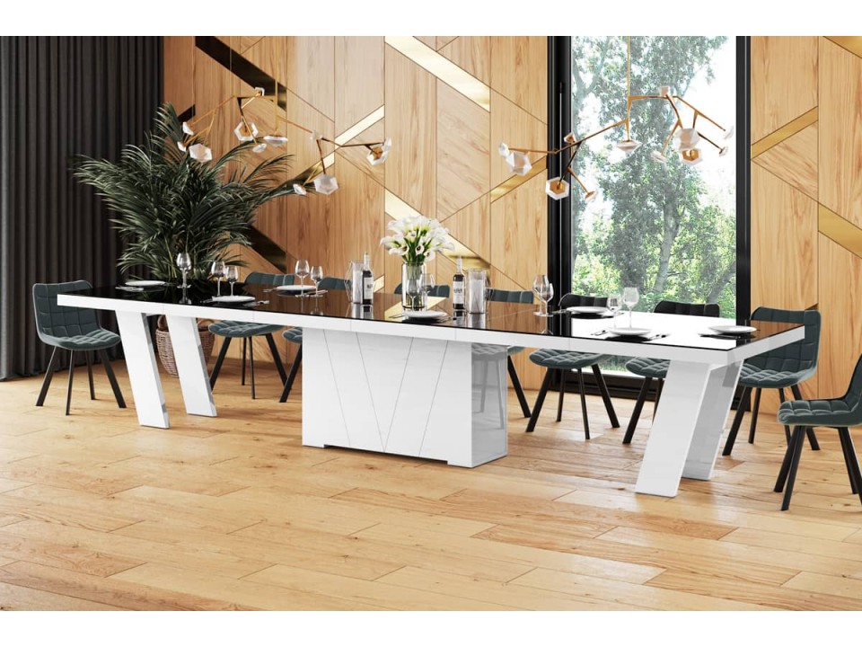 Stół rozkładany Grande czarny blat / biały wysoki połysk 160 - 412 cm