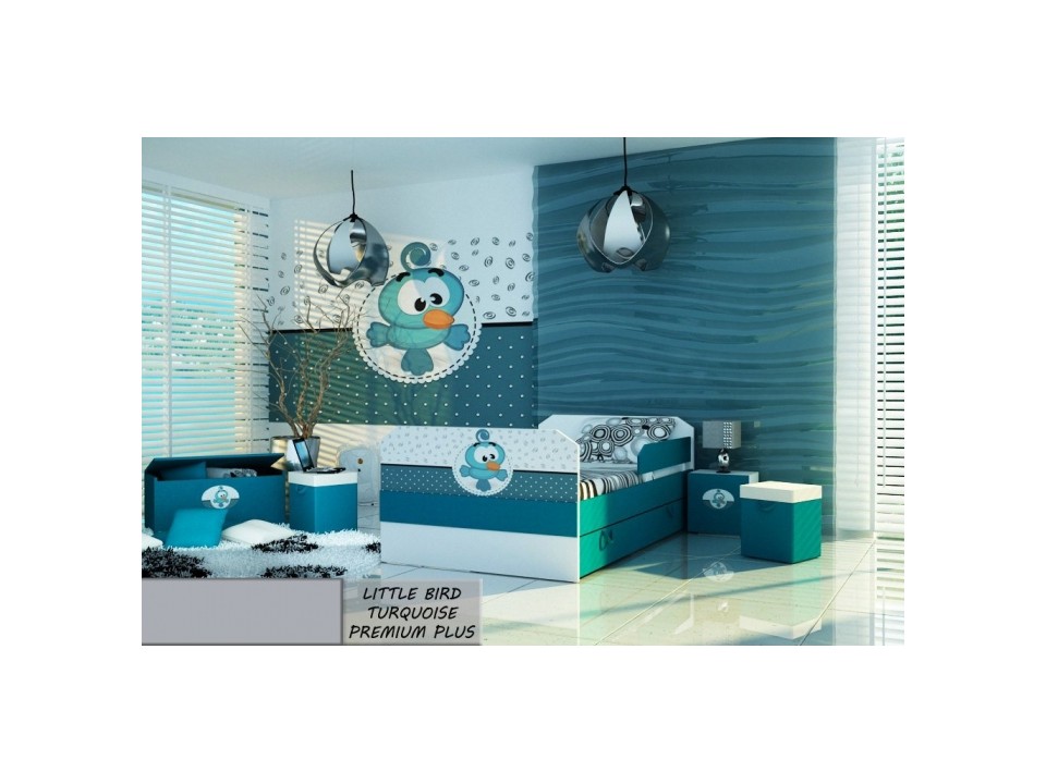 Łóżko dziecięce tapicerowane LITTLE BIRD TURQUOISE PREMIUM PLUS + Szuflada i Materac 160x80cm - versito