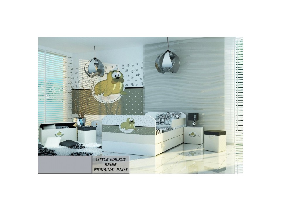 Łóżko dziecięce tapicerowane LITTLE WALRUS BEIGE PREMIUM PLUS + Szuflada i Materac 180x80cm - versito