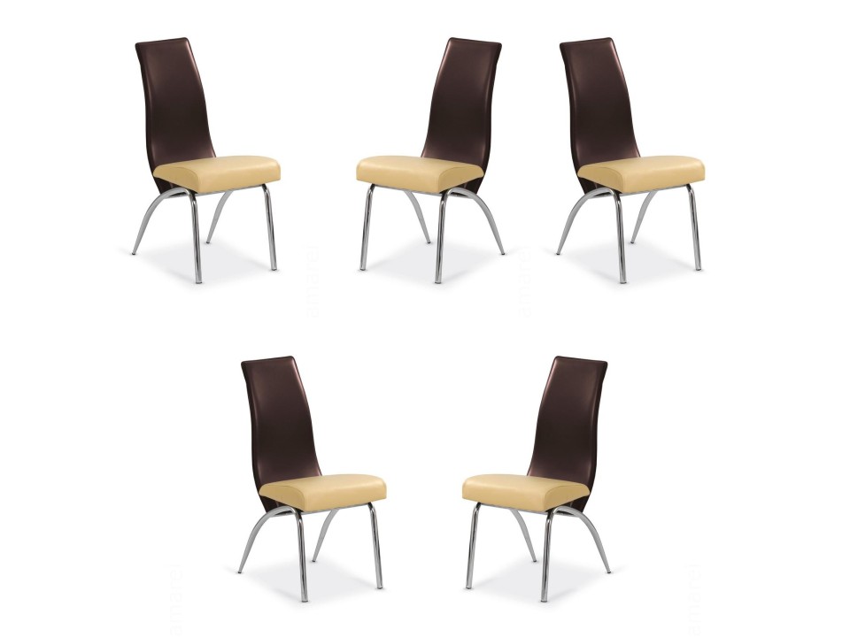 Pięć krzeseł beżowych / ciemno brązowych - 6993