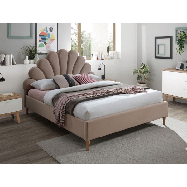 Łóżko SANTANA velvet 160x200 kolor beż/dąb tapicerka bluvel 28 - Signal