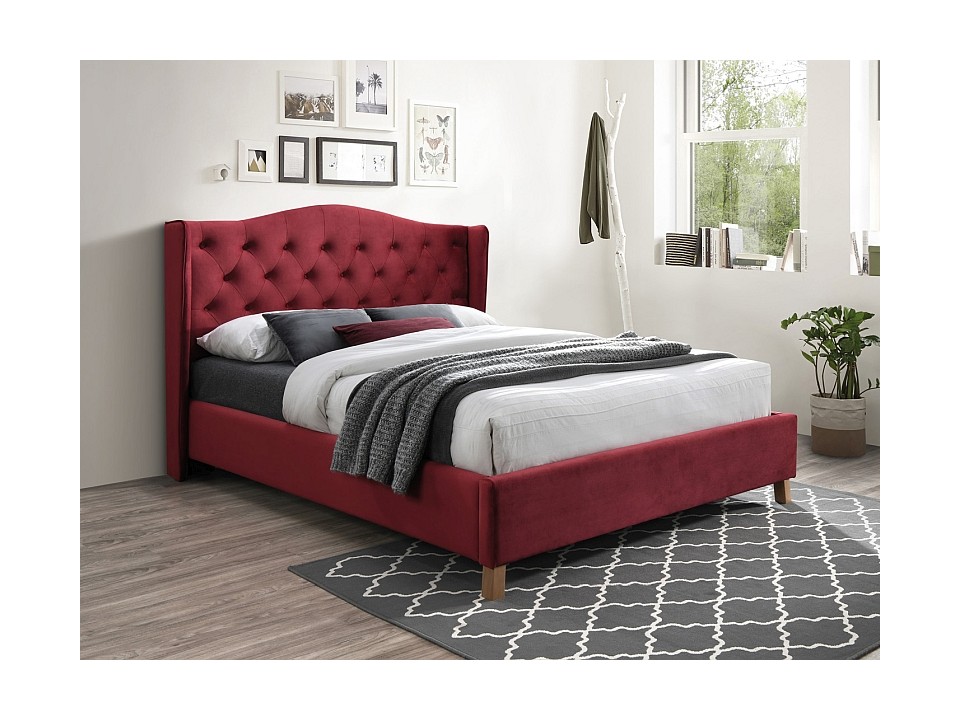Łóżko ASPEN velvet 160x200 kolor bordowy/dąb tapicerka bluvel 59 - Signal
