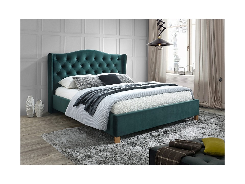 Łóżko ASPEN velvet 160x200 kolor zielony/dąb tapicerka bluvel 78 - Signal